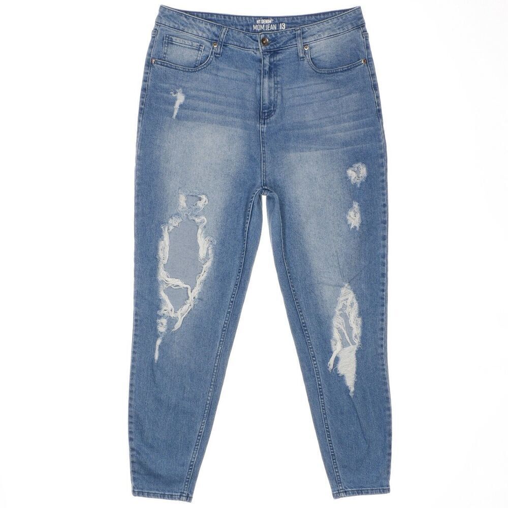 HT Denim Jeans Juniors Size 13 Mom Distressed Tapered Blue Stretch 32 x 26.5